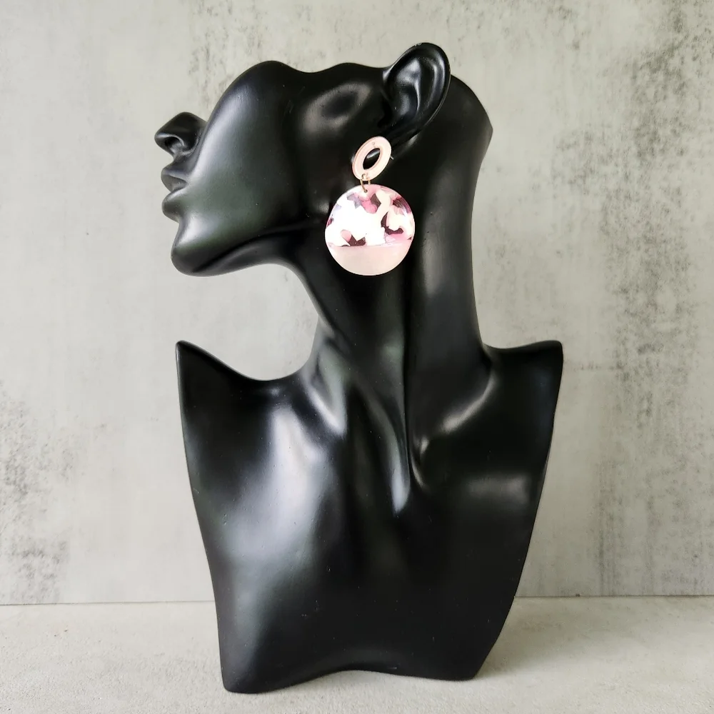 Pink White Acrylic Swirl Round Post Dangle Earrings for Pierced Ears
